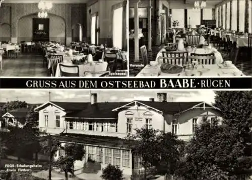 Ak Ostseebad Baabe auf Rügen, Speisesaal, Veranda, Gruss aus dem Ostseebad Baabe Rügen, FDGB-E...
