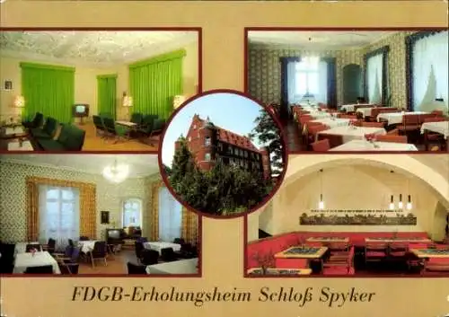 Ak Glowe Insel Rügen in der Ostsee, Blick auf und in das FDGB Erholungsheim Schloss Spyker