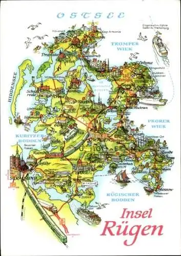 Landkarten Ak Insel Rügen, Bergen, Sassnitz, Stralsund, Rügischer Bodden, Tromper Wiek