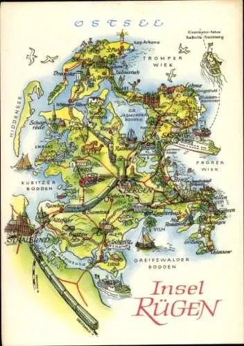 Landkarten Riesen Ak Insel Rügen, Tromper Wiek, Prorer Wiek, Greifswalder Bodden
