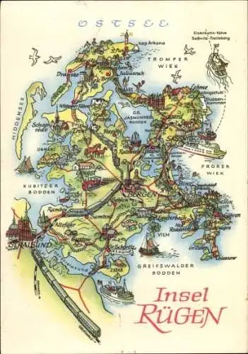 Ak Insel Rügen, Karte von Rügen, verschiedene Orte, Küstenlinie, Schiffe, Wege