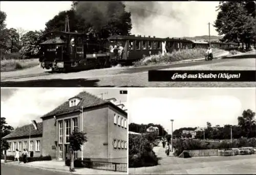 Ak Ostseebad Baabe auf Rügen, Schwarze Lokomotive, Zug, Gebäude im Hintergrund, Text: Gruß aus...