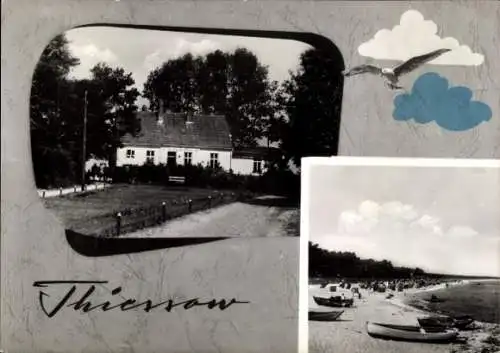 Ak Thiessow auf Rügen, Strand, Boote, Haus, Möwe