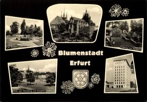 Ak Erfurt in Thüringen, Blumenstadt, Dom und Severi, Stadtpark, Aufgang zum Stadtpark, Hochhaus