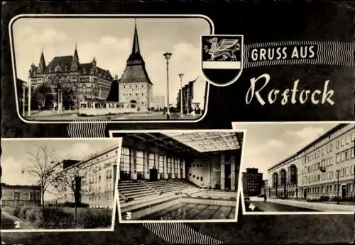 Ak Hansestadt Rostock, Fotografische Ansicht von  Gebäude, Schwimmhalle, Straßen, Sehenwürdigk...