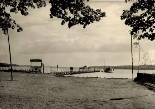 Ak Neubrandenburg in Mecklenburg, Bootsanlegestelle, Tollensesee, Pier, Schiff, Bäume, Strand