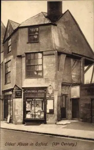 Ak Oxford Oxfordshire England, Ältestes Haus in  13. Jahrhundert, Holywell Press, Geschäfte