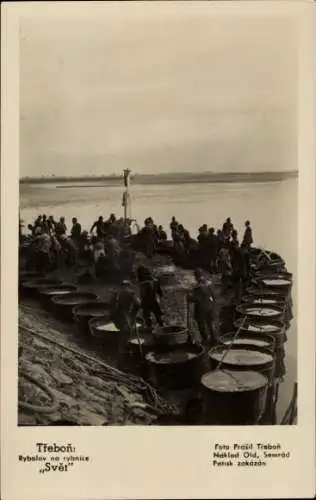 Ak Třeboň Wittingau Südböhmen, Fischer auf einem Boot, Fische im Netz, Teich, Wasserlandschaft