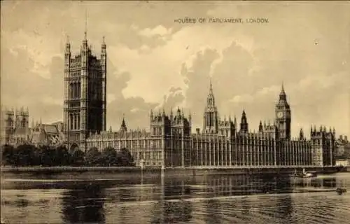 Ak London City England, Häuser des Parlaments,  historisches Gebäude, Flussansicht