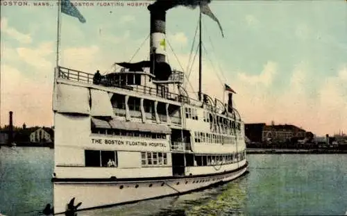 Ak Boston Massachusetts USA, Dampfschiff, Boston Floating Hospital, Wasser, Stadtumsicht
