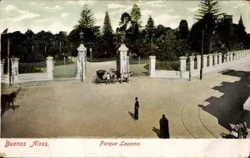 Ak Buenos Aires Argentinien, Parque Lezama, Straße, Bäume, mit Pferdekutsche, Mann in Schwarz
