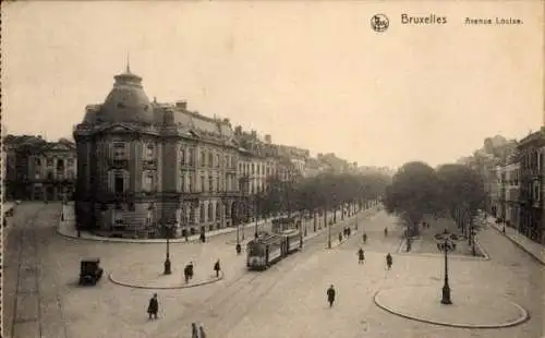 Ak Bruxelles Brüssel, Schwarze und weiße Aufnahme, Avenue Louise, Straßenbahn, Gebäude, Bäume