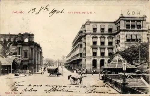 Ak Colombo Ceylon Sri Lanka, Postkarte, Stadtansicht, York Street, Gebäude, G.O.H., historisch...