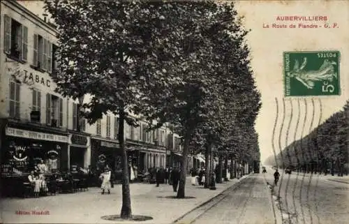 Ak Aubervilliers Seine Saint Denis, TABAC, La Route de Flandre, historische Straßenszene, Bäum...