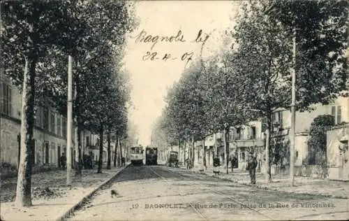 Ak Bagnolet Seine Saint Denis, Rue de Paris, Rue de Vincennes, Straßenbahn