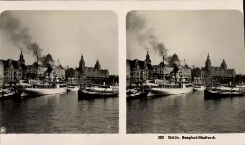 Ak Szczecin Stettin Pommern, Schiffe im Hafen, Dampfschiffbollwerk, historische Architektur