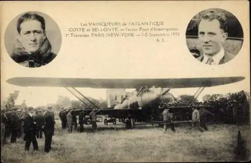 Ak Les Vainqueurs de l'Atlantique Coste et Bellonte, l'avion Point d'Interrogation 1er Traversee