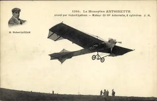 Ak L'Aviateur Hubert Latham sur son monoplan Antoinette, Flugpionier