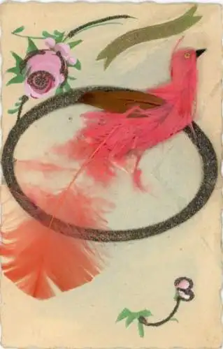 Glitzer Material Ak Vogel, Echte Federn