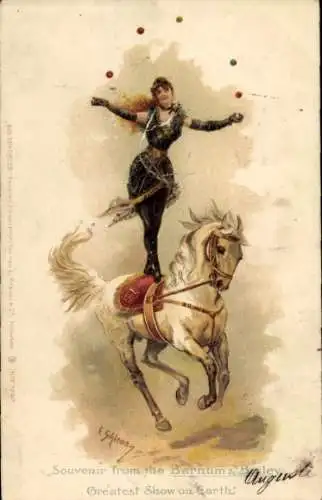 Künstler Litho Schlemo, E., Barnum & Bailey Zirkus, Greatest show on earth, Kunstreiterin,Jongleurin