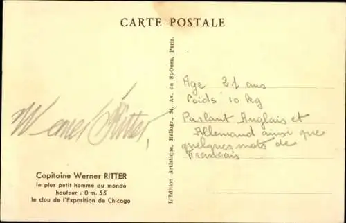 Ak Smallest man in the world, A century of progress, Chicago 1934, Capitaine Werner Ritter