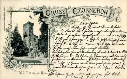 Ak Cunewalde in der Oberlausitz, Czorneboh, Historisches Gebäude, Umrahmung mit Blumen, Gruß a...