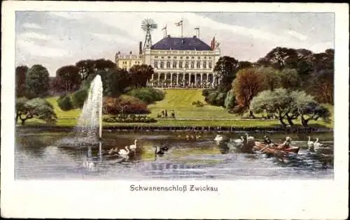 Ak Zwickau in Sachsen, Schwanenschloss, Uferpartie, Springbrunnen