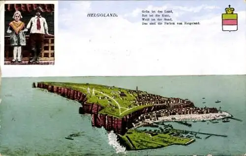 Wappen Ak Helgoland in Schleswig Holstein, Ansicht der Insel aus der Vogelschau, Mädchen und Junge