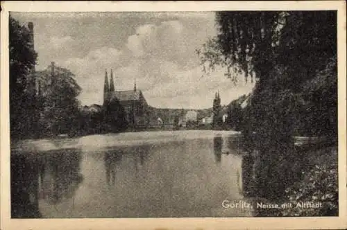 Ak Görlitz in der Lausitz, Schwarzweißfoto, Fluss, Altstadt, Kirchen, Bäume
