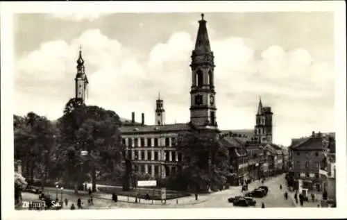 Ak Zittau in Sachsen, Stadtansicht, Türme, historische Gebäude, Straßenansicht, Autos