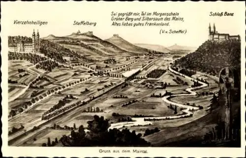 Ak Bad Staffelstein am Main Oberfranken, Maintalpartie, Vierzehnheiligen, Staffelberg, Schloss Banz