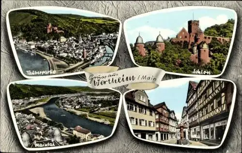 Passepartout Ak Wertheim am Main, Tauber, Schloss, Maintal, Straßenansicht