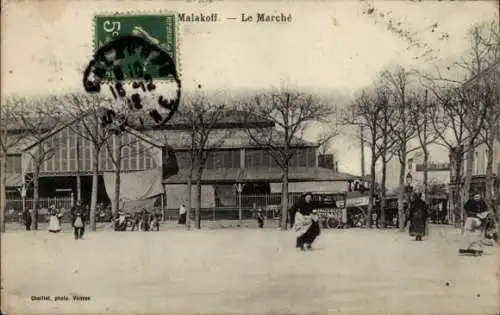 Ak Malakoff Hauts de Seine, Le Marché, Schwarz-Weiß-Foto, einige Personen, Bäume, Gebäude, Ste...
