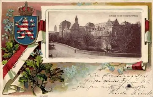 Präge Wappen Passepartout Ak Darmstadt, Schloss von der Alexanderstraße aus