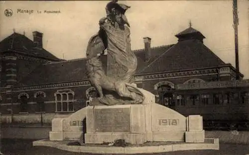 Ak Manage Wallonien Hennegau, Denkmal, Statue mit Löwen, Personenverkehrstunnel, Zug