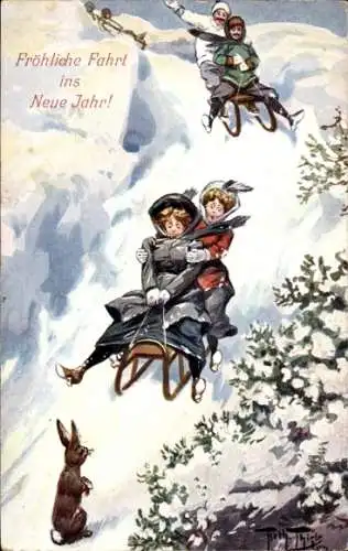 Künstler Ak Thiele, Arthur, Glückwunsch Neujahr, Schlittenfahrt, Hase