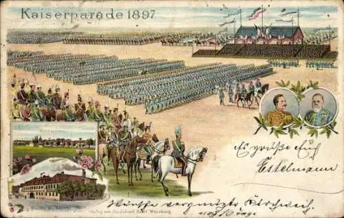 Litho Kaiserparade 1897, Soldaten, Kaiser Wilhelm II.
