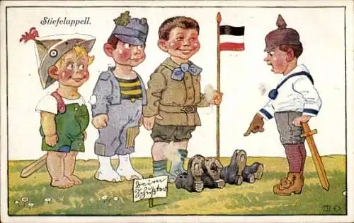 Künstler Ak Stiefelappell, Kindersoldaten, Fahne, Pickelhaube