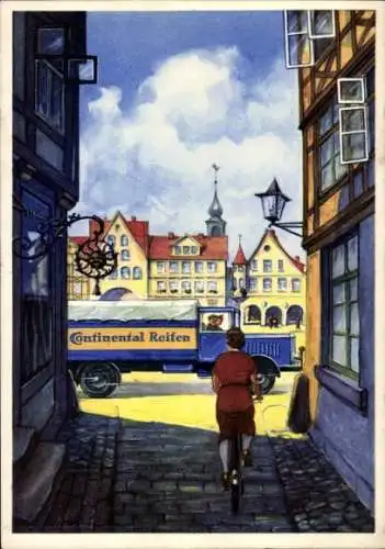 Künstler Ak Lastwagen, Seitenstraße, Continental Reifen Werbung