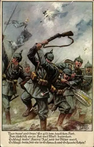 Künstler Ak Thiele, A., Deutsche Soldaten, Nun drauf und dran, Schlachtfeld