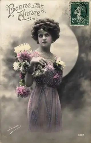 Ak Glückwunsch Neujahr, Junge Frau mit Blumen, Portrait