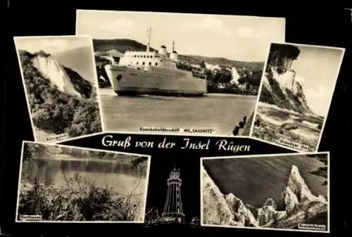 Ak Insel Rügen, Eisenbahnfährschiff MS Sassnitz, Königstuhl, Felsen