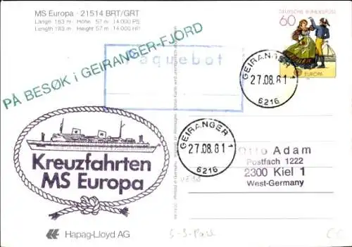 Ak MS Europa, Passagierschiff, HAPAG