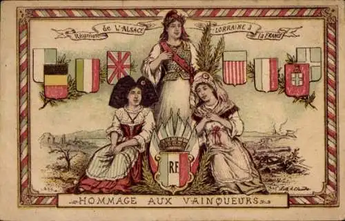 Künstler Ak Hommage aux Vainqueurs, Alsacienne, Lorraine, Elsässerin in Tracht