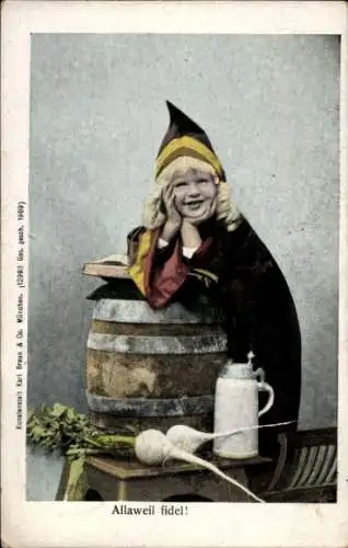 Ak Allaweil fidel, Münchner Kindl, Fass, Bierkrug