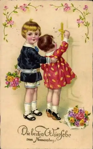 Ak Wien 1 Innere Stadt, Junge und Mädchen mit Blumen vor einer Tür