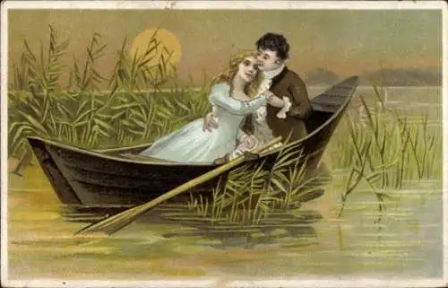 Präge Ak Liebespaar im Ruderboot, Teich, Sonne