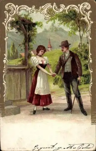 Präge Litho Liebespaar, Spaziergang, Frau in Tracht