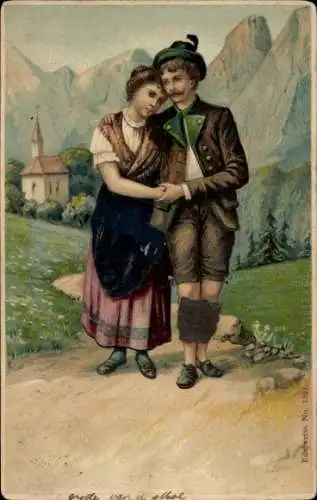 Präge Litho Liebespaar, Spaziergang, Kirche, Gebirge