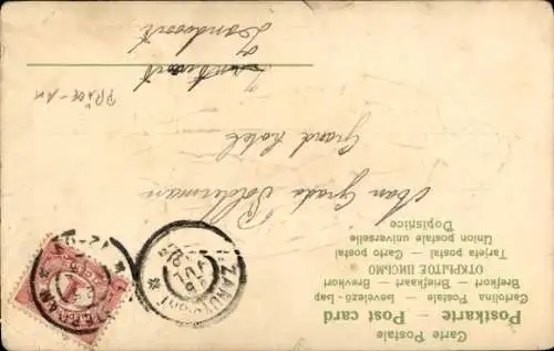 Präge Litho Liebespaar, Spaziergang, Kirche, Gebirge